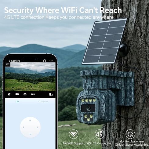 4G LTE Solar Cellular Security Camera Wireless Outdoor, No WiFi Needed, AOV Recording, 2K PTZ Live View, Built-in eSIM, Motion Detection, Includes 32GB SD Card, Off-Grid Security, Farm, Ranch in Kuwait