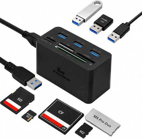 Kingwin USB HUB Adapter w/ Memory Card Reader Writer & USB 3.0 HUB Combo - Supports High Speed SD MS Micro M2 CF Card Reader For Macbook, Laptop, Desktop - Includes USB Cable 5 Gbps Speed, Black in Saudi Arabia