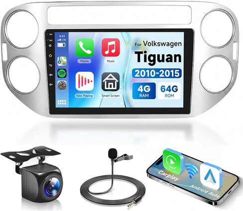 راديو سيارة 4G+64G لسيارة Volkswagen Tiguan 2010-2015 مع CarPlay/Android Auto، Podofo 9 بوصة 1280 * 720P IPS شاشة لمس ستيريو Android 15 GPS WiFi Bluetooth DSP SWC + كاميرا احتياطية عالية الدقة in Kuwait