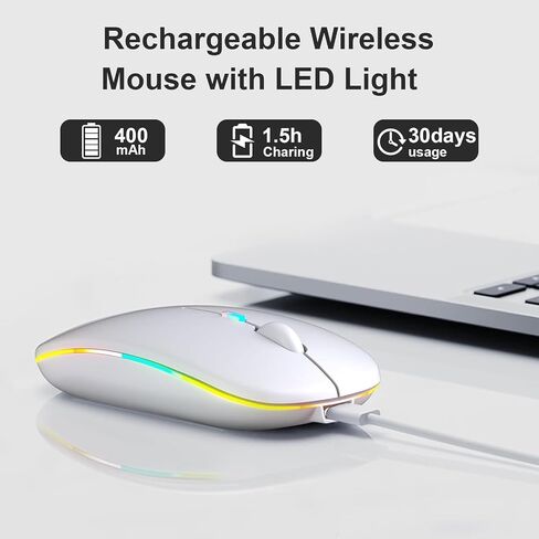Rechargeable Wireless Mouse, LED Bluetooth Wireless Mouse for iPad, Slim Portable Computer Mice with USB Receiver, BT5.4 and 2.4G Dual Connection, Quiet Silent for Laptop/Notebook/pc/iPad/Chromebook in Kuwait