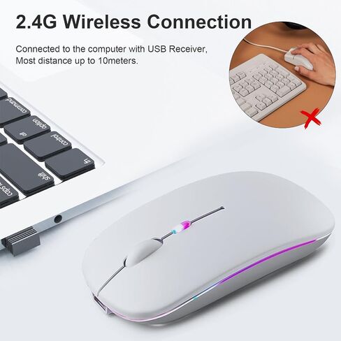 Rechargeable Wireless Mouse, LED Bluetooth Wireless Mouse for iPad, Slim Portable Computer Mice with USB Receiver, BT5.4 and 2.4G Dual Connection, Quiet Silent for Laptop/Notebook/pc/iPad/Chromebook in Kuwait