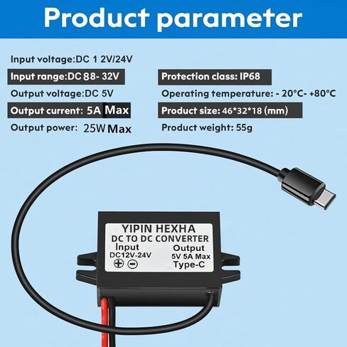 2-PCS DC 12V/24V to 5V USB C 5A 25W Step Down Converter Type-C Interface Buck Module Waterproof Power Adapter in Saudi Arabia