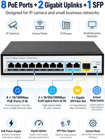 JideTech 8-Port PoE+ Switch, 96W, 2 Gigabit Uplinks, SFP, 250m, IP Cameras in Saudi Arabia