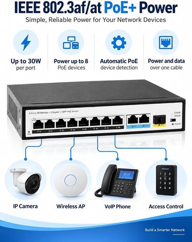 JideTech 8-Port PoE+ Switch, 96W, 2 Gigabit Uplinks, SFP, 250m, IP Cameras in Saudi Arabia