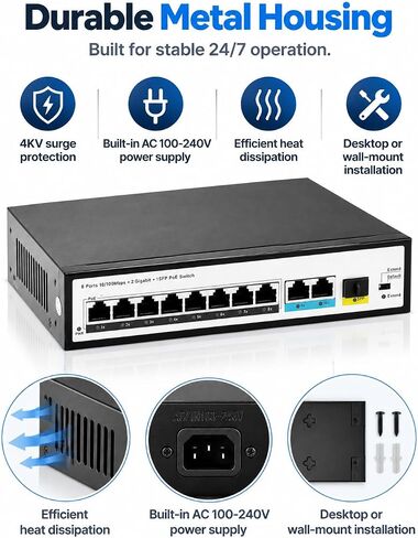 JideTech 8-Port PoE+ Switch, 96W, 2 Gigabit Uplinks, SFP, 250m, IP Cameras in Saudi Arabia