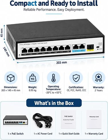 JideTech 8-Port PoE+ Switch, 96W, 2 Gigabit Uplinks, SFP, 250m, IP Cameras in Saudi Arabia