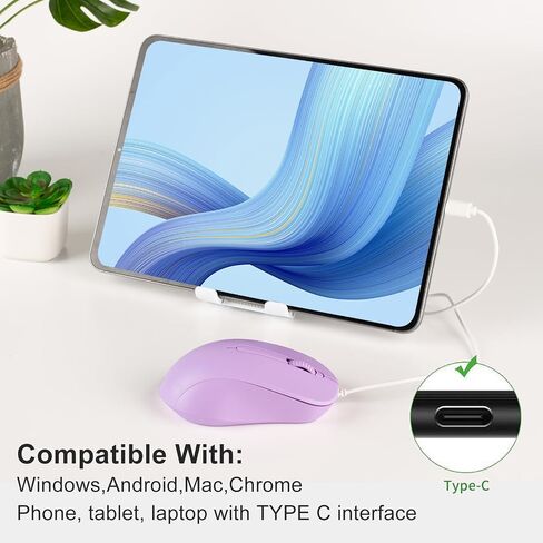 Wired USB C Mouse ,Type-C Wired Mice with 3 Buttons,Ergonomic, Silent,Slim Lightweight and Portable for Laptop,Macbook,Mac,iMac, iPad,PC,Notebook,Phone,Tablet, Surface, Computer,4.9 Ft Cable,1000DPI in Kuwait