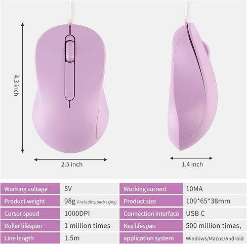 Wired USB C Mouse ,Type-C Wired Mice with 3 Buttons,Ergonomic, Silent,Slim Lightweight and Portable for Laptop,Macbook,Mac,iMac, iPad,PC,Notebook,Phone,Tablet, Surface, Computer,4.9 Ft Cable,1000DPI in Kuwait