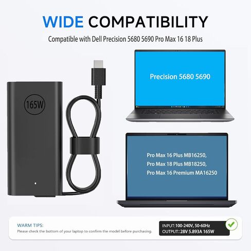 165W GaN USB-C Laptop Charger Compatible with Dell Precision 5690/5680 Pro Max 16/18 Plus MB16250 MB18250 Mobile Workstations, Replacement for HA165PM210 DA165PM210 LA165PM210 Gaming Laptops in Saudi Arabia