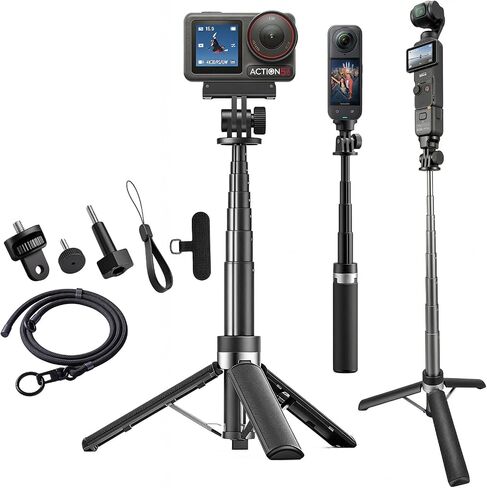 29'' Extendable Selfie Stick Tripod Kit for DJI Osmo Pocket 3 4, Portable Anti-Drop Tripod Stand w Neck Tether & Phone Lanyard, Compatible with GoPro, Insta 360 for Outdoor Vlogging, Skiing in Saudi Arabia