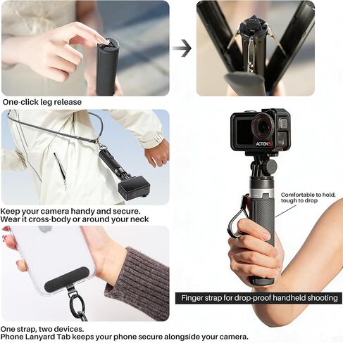 29'' Extendable Selfie Stick Tripod Kit for DJI Osmo Pocket 3 4, Portable Anti-Drop Tripod Stand w Neck Tether & Phone Lanyard, Compatible with GoPro, Insta 360 for Outdoor Vlogging, Skiing in Saudi Arabia