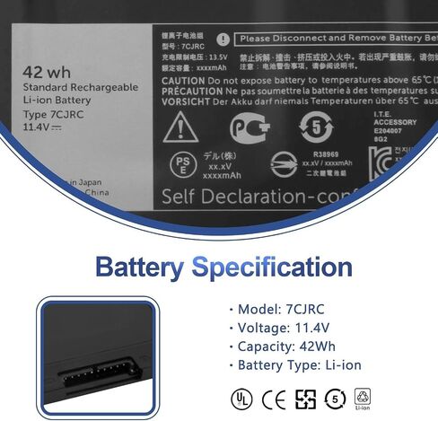 7CJRC Laptop Battery for Dell Latitude 7270 7470 E7270 E7470 Series 21X15 021X15 KNM09 0KNM09 TX283 0TX283 451-BBSW 451-BBWR 11.4V 42Wh in Saudi Arabia