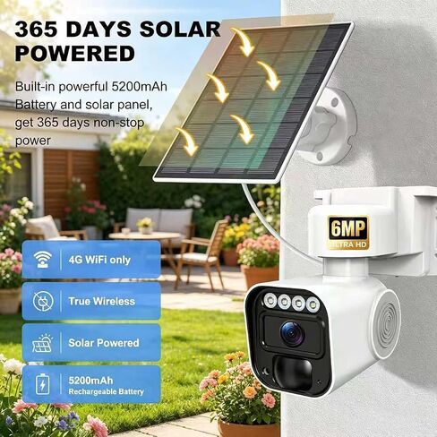 6MP Solar Security Camera Outdoor,AI Human Detection, 360° PTZ,Color Night Vision,4G Network,Built-in SIM Card,2-Way Audio,IP65 Waterproof,No WiFi Wireless for Outdoor Yard Security in Kuwait