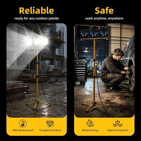 ALTSON 3-Head LED Work Light, 21000LM Adjustable Garage Lights for Mechanics Workshops, Portable Flood Lights Outdoor IP66 Waterproof,16.4FT Cord Stand Tripod Light for Jobsite Construction Renovation in Kuwait