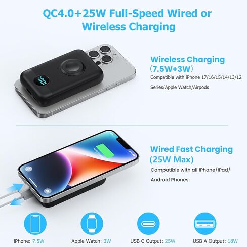 Magnetic Portable Charger 10800mAh,4-in-1 Wireless Power Bank with iWatch Charger & LCD Display, QC4.0+25W PD Fast Charging USB C Battery Pack for Magsafe,iPhone 17/16/15/14/13/12 Series,Apple Watch in Kuwait