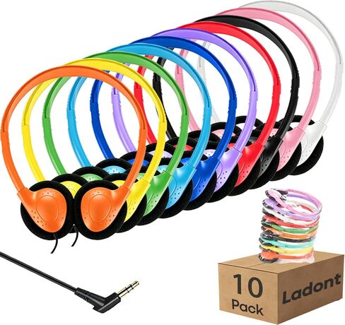 10 Pack Kids Headphones Bulk for School Classroom, Multi Color Wired Student Headsets, Adjustable On-Ear Earbuds for Chromebook Computer Lab Testing, 3.5mm Jack in Kuwait