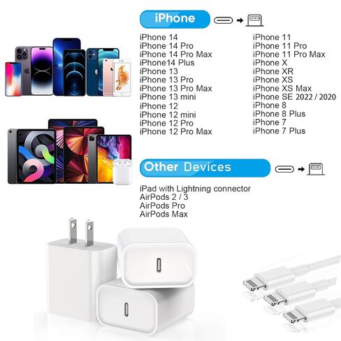 [Apple MFi Certified]Long iPhone Fast Charging Cable,3Pack 12W Phone Charger USB C Charger Block Plug+6Foot Type C to Lightning Cord for iPhone 14/Pro/Pro Max/Plus/13/12/11/XS/XR/X/SE2022/iPad/AirPods in Kuwait