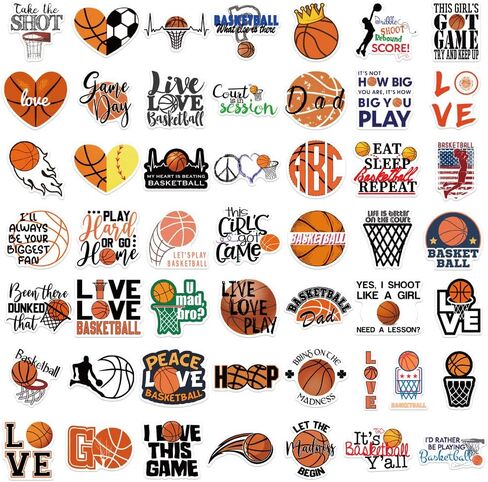 50Pcs Basketball Stickers - Perfect Basketball Fan Gifts for Boys and Girls, Use Them On Water Bottles, Anywhere You Need Ball Decor, Laptop Stickers Ball Wall Decal in Saudi Arabia