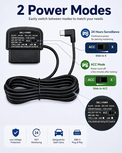 OBD2 to USB C, OBD2 Dash Cam Power Cable with Acc Detection Hardwire Kit in Saudi Arabia