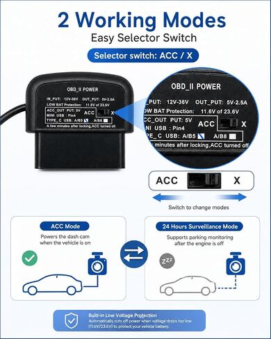OBD2 to USB C, OBD2 Dash Cam Power Cable with Acc Detection Hardwire Kit in Saudi Arabia
