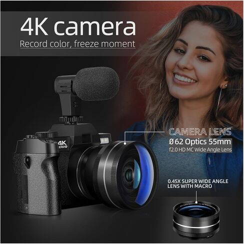4K Digital Camera 48MP Vlogging for with 180° Flip Screen 16X Zoom Video Camcorder in Saudi Arabia