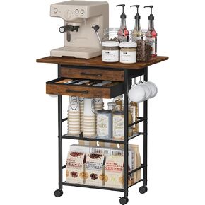 Snughome 5 Tier Rolling Coffee Cart with 2 Large Drawers & Removable Dividers, Extra-Wide Coffee Bar Cart with Storage, Farmhouse Coffee Station Cabinet for Living Room, Kitchen, Office in Saudi Arabia