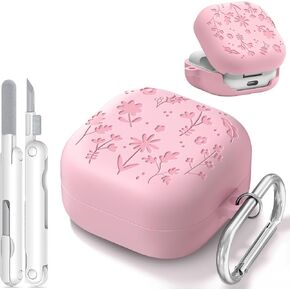 Flower Engraved for Samsung Galaxy Buds 4 Pro Case and Buds 4 Cases Cover 2026, Soft Silicone Shockproof Proteciver Case with Cleaning Kit & Metal Keychain for Women Girly Men, Light Pink in Saudi Arabia