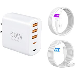 شاحن USB-C متعدد المنافذ بقدرة 60 وات مع كابلات (4FT + 6FT)، ومحول طاقة بقابس حائط بـ 5 منافذ متوافق مع سلسلة iPhone 17/16/15 وiPad وSamsung S25/S24 وسماعات الرأس والساعات الذكية والمزيد in Kuwait