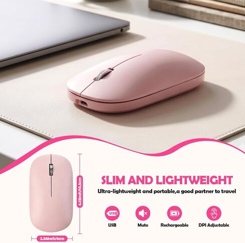 Guiheng Wireless Bluetooth Mouse, Dual Mode Rechargeable Silent Slim Laptop Mouse,Portable(BT5.2+USB Receiver) Computer Mice,for Laptop,Desktop Computer,ipad Tablet,Phone,TV (Pink) in Saudi Arabia