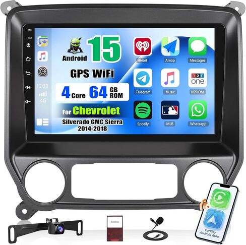 Android 15 4-Core 64G Car Stereo for Chevrolet Silverado GMC Sierra 2014-2018,Wireless CarPlay & Android Auto, 10.1" Touchscreen GPS Bluetooth Mirror Link FM Radio WiFi Backup Cam Mic SWC+Canbus in Kuwait