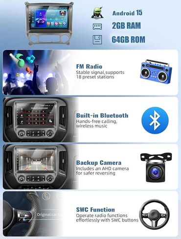 Android 15 4-Core 64G Car Stereo for Chevrolet Silverado GMC Sierra 2014-2018,Wireless CarPlay & Android Auto, 10.1" Touchscreen GPS Bluetooth Mirror Link FM Radio WiFi Backup Cam Mic SWC+Canbus in Kuwait