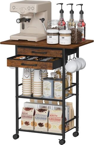 Snughome 5 Tier Rolling Coffee Cart with 2 Large Drawers & Removable Dividers, Extra-Wide Coffee Bar Cart with Storage, Farmhouse Coffee Station Cabinet for Living Room, Kitchen, Office in Saudi Arabia