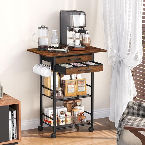 Snughome 5 Tier Rolling Coffee Cart with 2 Large Drawers & Removable Dividers, Extra-Wide Coffee Bar Cart with Storage, Farmhouse Coffee Station Cabinet for Living Room, Kitchen, Office in Saudi Arabia