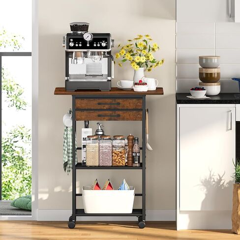 Snughome 5 Tier Rolling Coffee Cart with 2 Large Drawers & Removable Dividers, Extra-Wide Coffee Bar Cart with Storage, Farmhouse Coffee Station Cabinet for Living Room, Kitchen, Office in Saudi Arabia