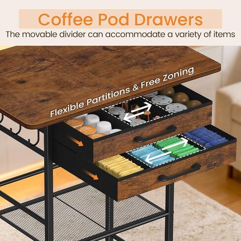 Snughome 5 Tier Rolling Coffee Cart with 2 Large Drawers & Removable Dividers, Extra-Wide Coffee Bar Cart with Storage, Farmhouse Coffee Station Cabinet for Living Room, Kitchen, Office in Saudi Arabia