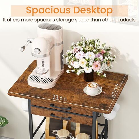 Snughome 5 Tier Rolling Coffee Cart with 2 Large Drawers & Removable Dividers, Extra-Wide Coffee Bar Cart with Storage, Farmhouse Coffee Station Cabinet for Living Room, Kitchen, Office in Saudi Arabia