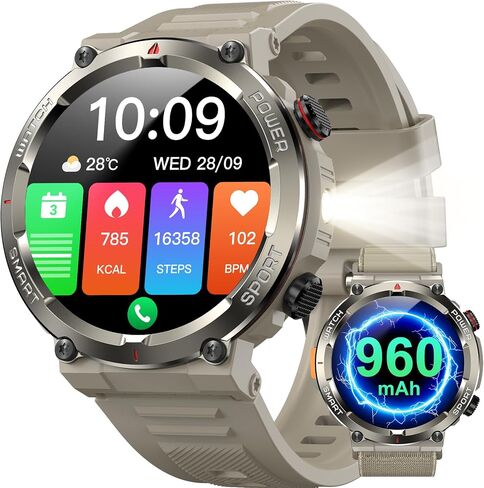 Military Tactical Smart Watches for Men, 1.45" Smart Watch for Android and iPhone, Fitness Tracker Watch with Compass & Flashlight/30-Day Battery/IP68 Waterproof/Heart Rate/120+ Sport Modes(2 Straps) in Saudi Arabia