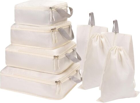 8 Set Packing Cubes for Travel with Shoe & Dirty Clothes Bag, White Luggage Organizers Carry-On, Cruise Must-Haves Packing List, Airplane Vacation Essentials in Saudi Arabia