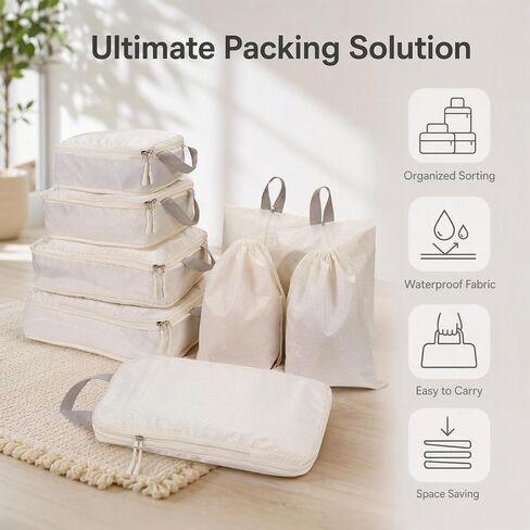 8 Set Packing Cubes for Travel with Shoe & Dirty Clothes Bag, White Luggage Organizers Carry-On, Cruise Must-Haves Packing List, Airplane Vacation Essentials in Saudi Arabia