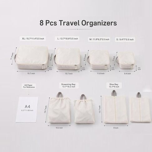 8 Set Packing Cubes for Travel with Shoe & Dirty Clothes Bag, White Luggage Organizers Carry-On, Cruise Must-Haves Packing List, Airplane Vacation Essentials in Saudi Arabia