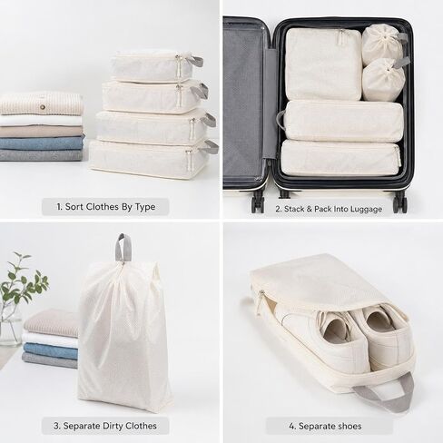 8 Set Packing Cubes for Travel with Shoe & Dirty Clothes Bag, White Luggage Organizers Carry-On, Cruise Must-Haves Packing List, Airplane Vacation Essentials in Saudi Arabia