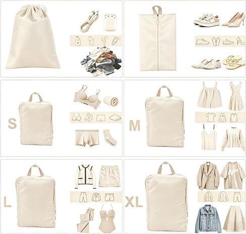 8 Set Packing Cubes for Travel with Shoe & Dirty Clothes Bag, White Luggage Organizers Carry-On, Cruise Must-Haves Packing List, Airplane Vacation Essentials in Saudi Arabia