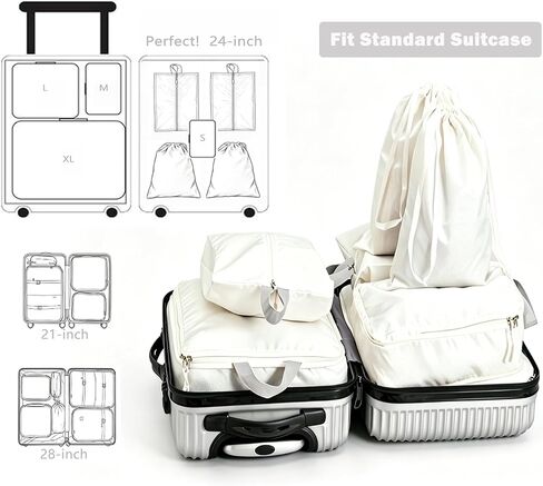 8 Set Packing Cubes for Travel with Shoe & Dirty Clothes Bag, White Luggage Organizers Carry-On, Cruise Must-Haves Packing List, Airplane Vacation Essentials in Saudi Arabia