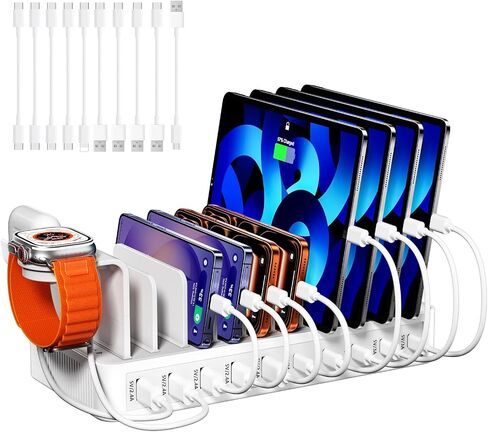 100W Charging Station for Multiple Devices, 10-Port USB Charging Dock Organizer with 10 Cables & Watch Stand, Adjustable Dividers Multi Charger Compatible with iPad/Tablet/iPhone/Android, White in Kuwait