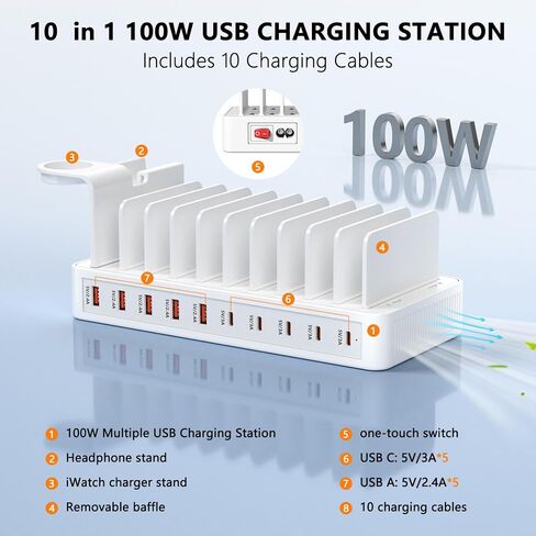 100W Charging Station for Multiple Devices, 10-Port USB Charging Dock Organizer with 10 Cables & Watch Stand, Adjustable Dividers Multi Charger Compatible with iPad/Tablet/iPhone/Android, White in Kuwait