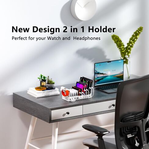 100W Charging Station for Multiple Devices, 10-Port USB Charging Dock Organizer with 10 Cables & Watch Stand, Adjustable Dividers Multi Charger Compatible with iPad/Tablet/iPhone/Android, White in Kuwait