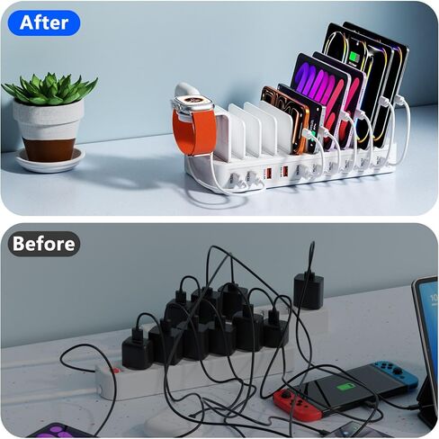 100W Charging Station for Multiple Devices, 10-Port USB Charging Dock Organizer with 10 Cables & Watch Stand, Adjustable Dividers Multi Charger Compatible with iPad/Tablet/iPhone/Android, White in Kuwait