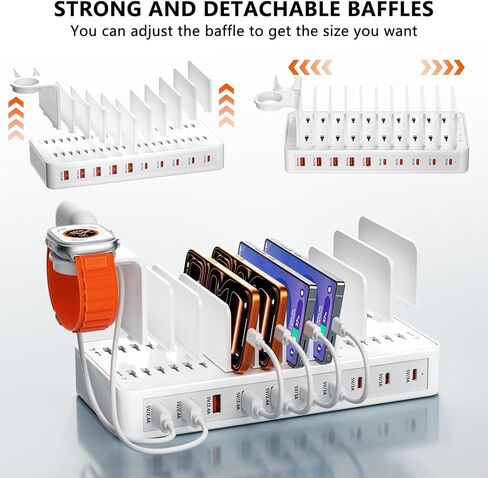100W Charging Station for Multiple Devices, 10-Port USB Charging Dock Organizer with 10 Cables & Watch Stand, Adjustable Dividers Multi Charger Compatible with iPad/Tablet/iPhone/Android, White in Kuwait