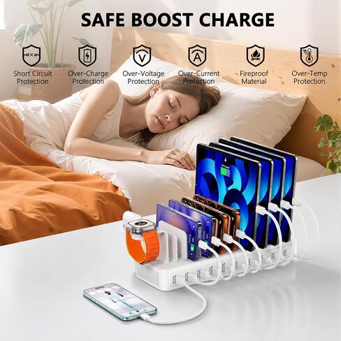 100W Charging Station for Multiple Devices, 10-Port USB Charging Dock Organizer with 10 Cables & Watch Stand, Adjustable Dividers Multi Charger Compatible with iPad/Tablet/iPhone/Android, White in Kuwait