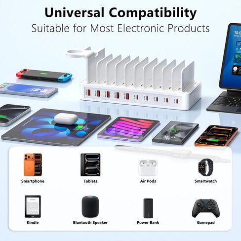 100W Charging Station for Multiple Devices, 10-Port USB Charging Dock Organizer with 10 Cables & Watch Stand, Adjustable Dividers Multi Charger Compatible with iPad/Tablet/iPhone/Android, White in Kuwait